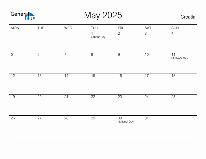 Printable May 2025 Calendar for Croatia