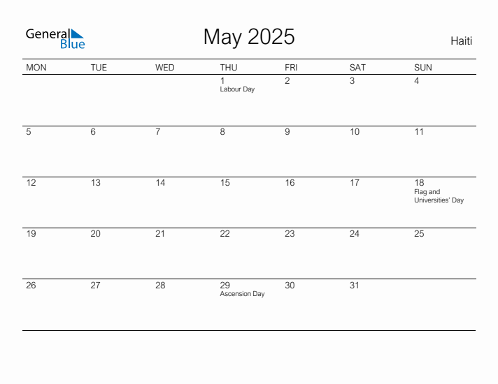 Printable May 2025 Calendar for Haiti