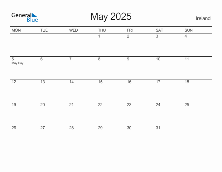 Printable May 2025 Calendar for Ireland