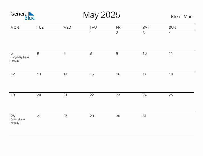 Printable May 2025 Monthly Calendar with Holidays for Isle of Man