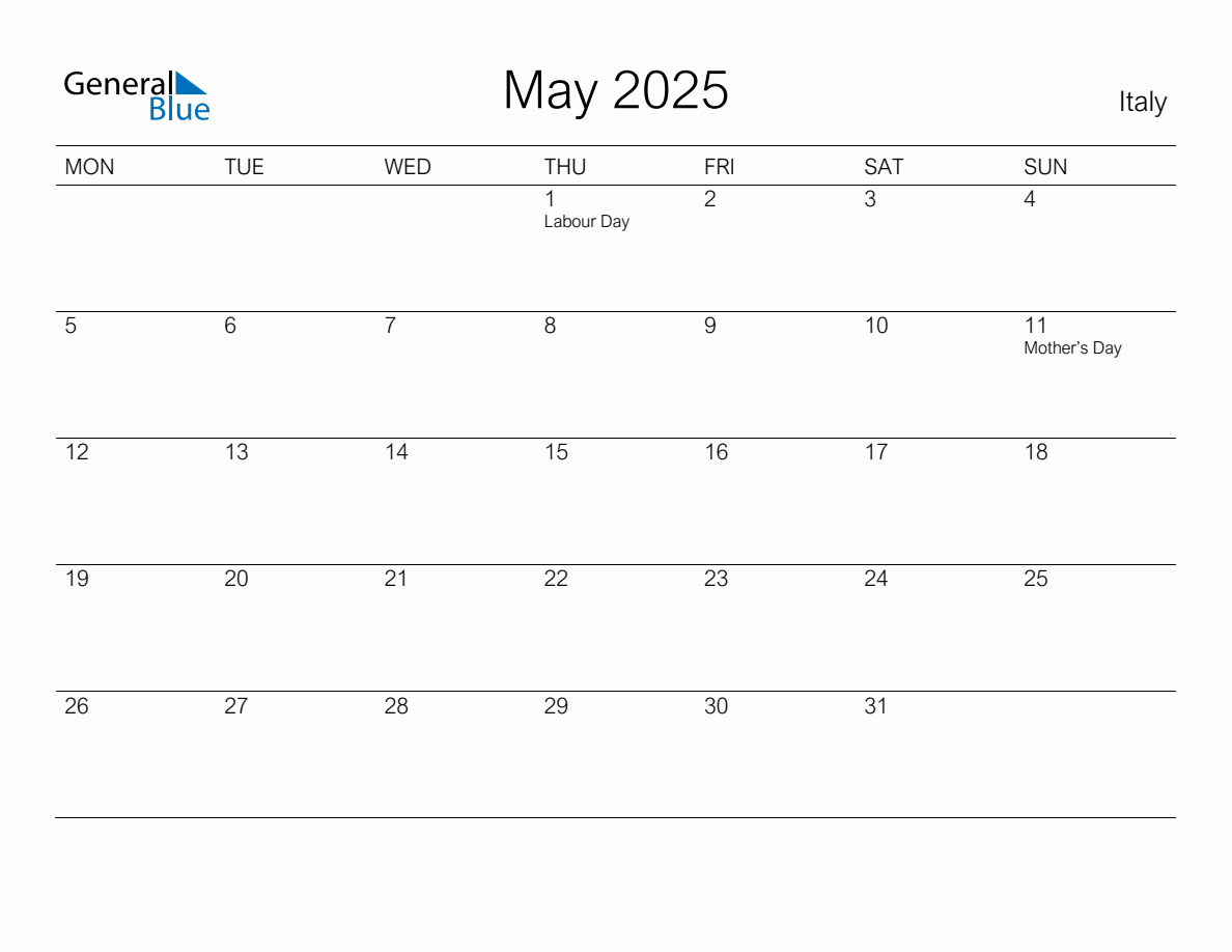 Printable May 2025 Monthly Calendar with Holidays for Italy