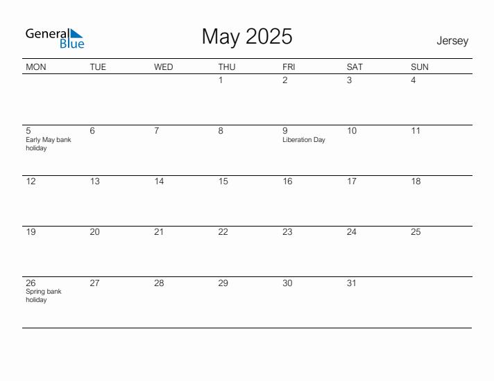Printable May 2025 Calendar for Jersey