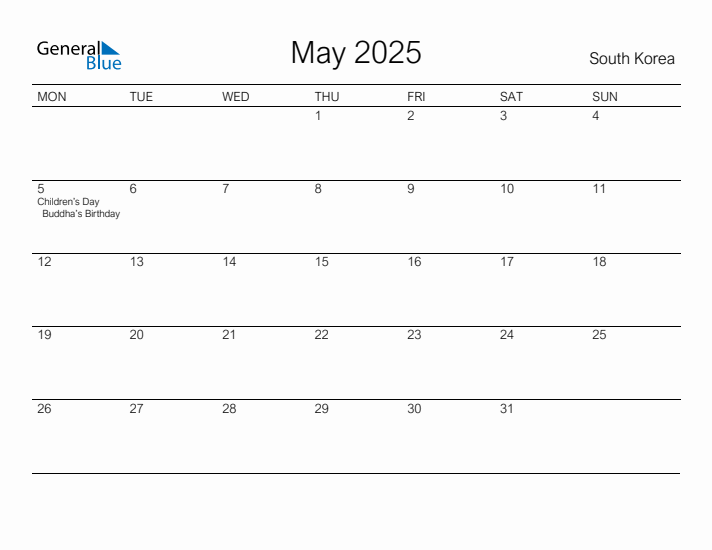 Printable May 2025 Calendar for South Korea