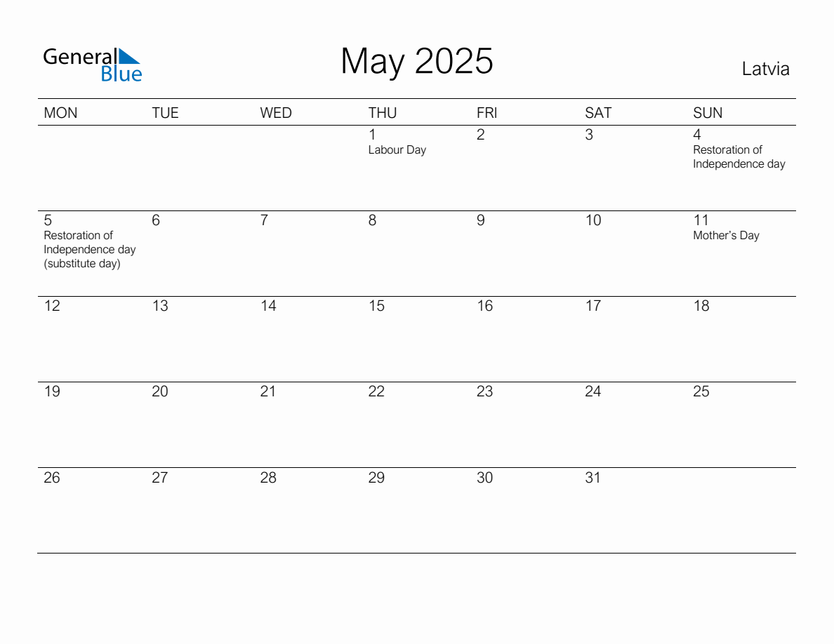 Printable May 2025 Monthly Calendar with Holidays for Latvia