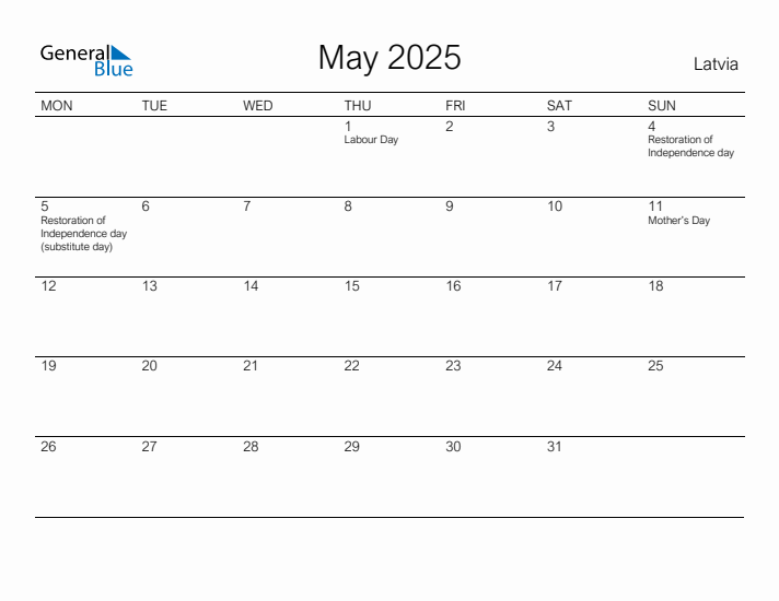 Printable May 2025 Calendar for Latvia
