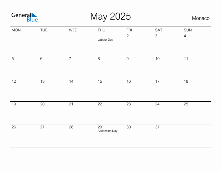 Printable May 2025 Calendar for Monaco