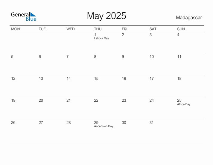 Printable May 2025 Calendar for Madagascar