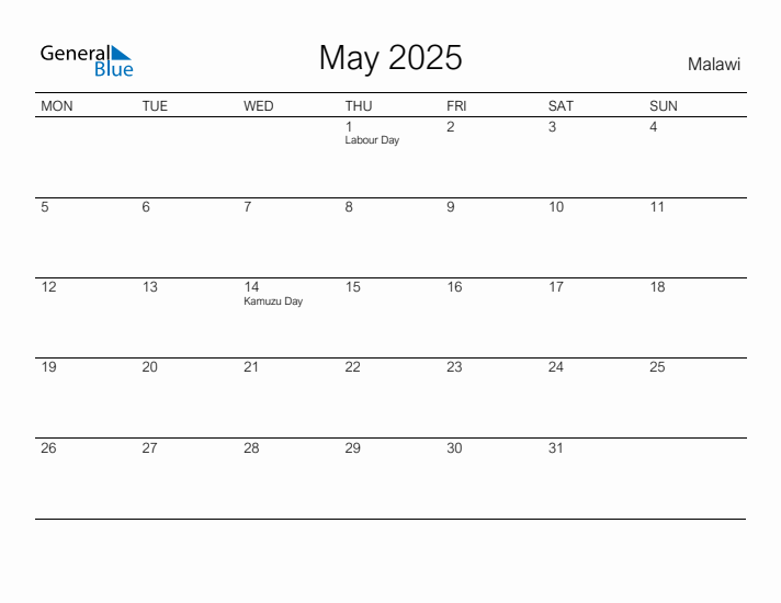 Printable May 2025 Calendar for Malawi