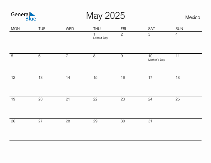Printable May 2025 Calendar for Mexico