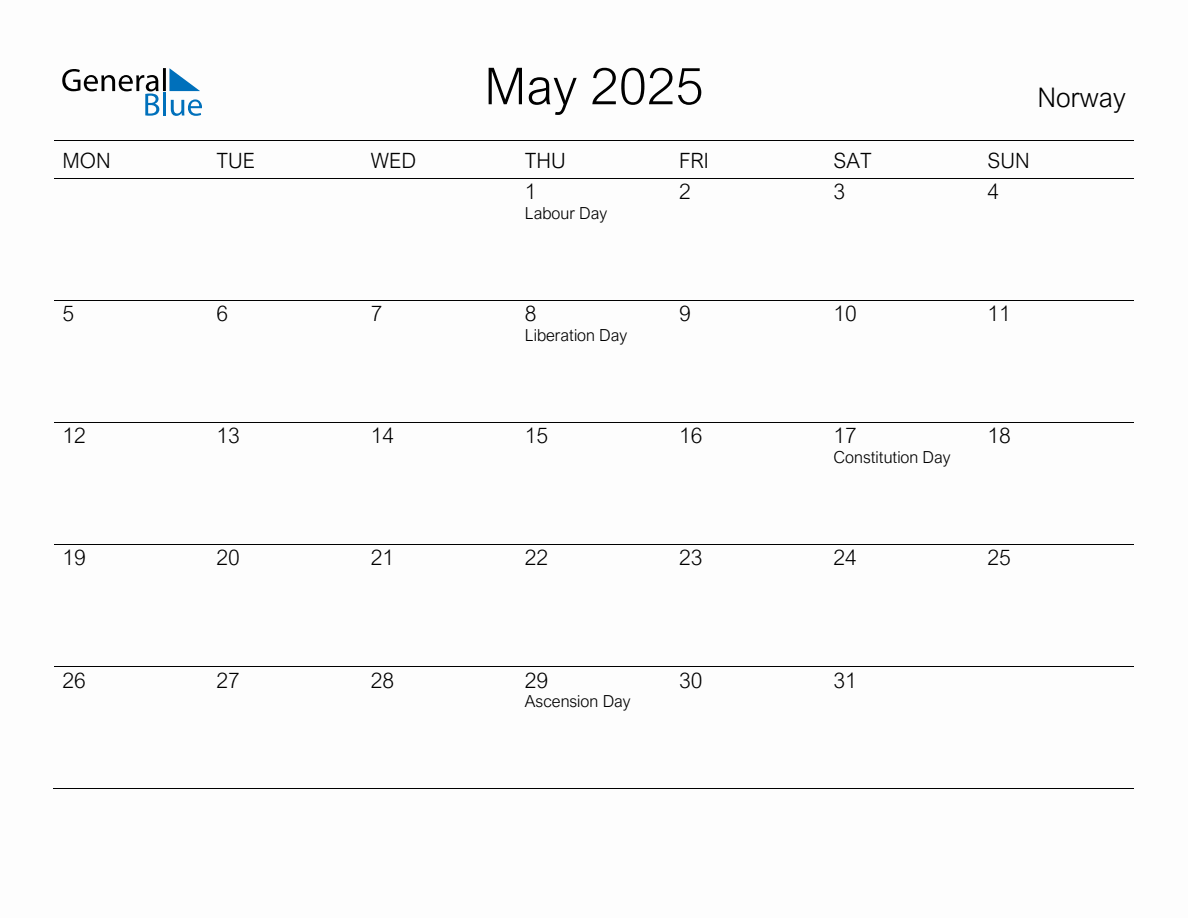 Printable May 2025 Monthly Calendar with Holidays for Norway