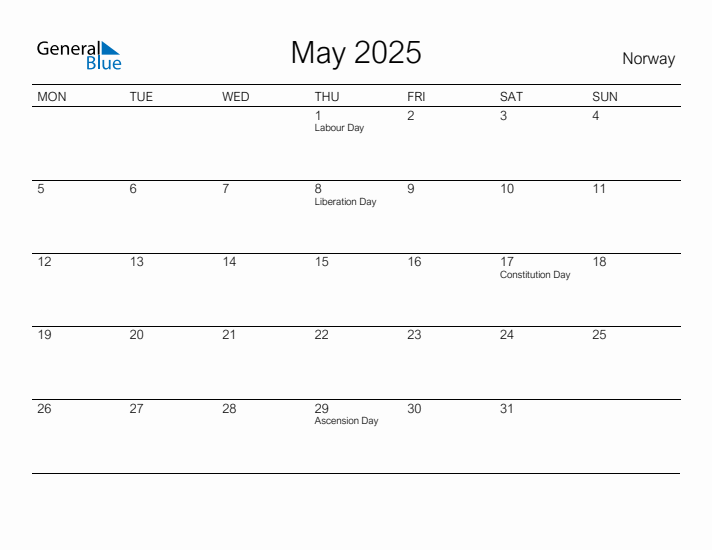 Printable May 2025 Calendar for Norway