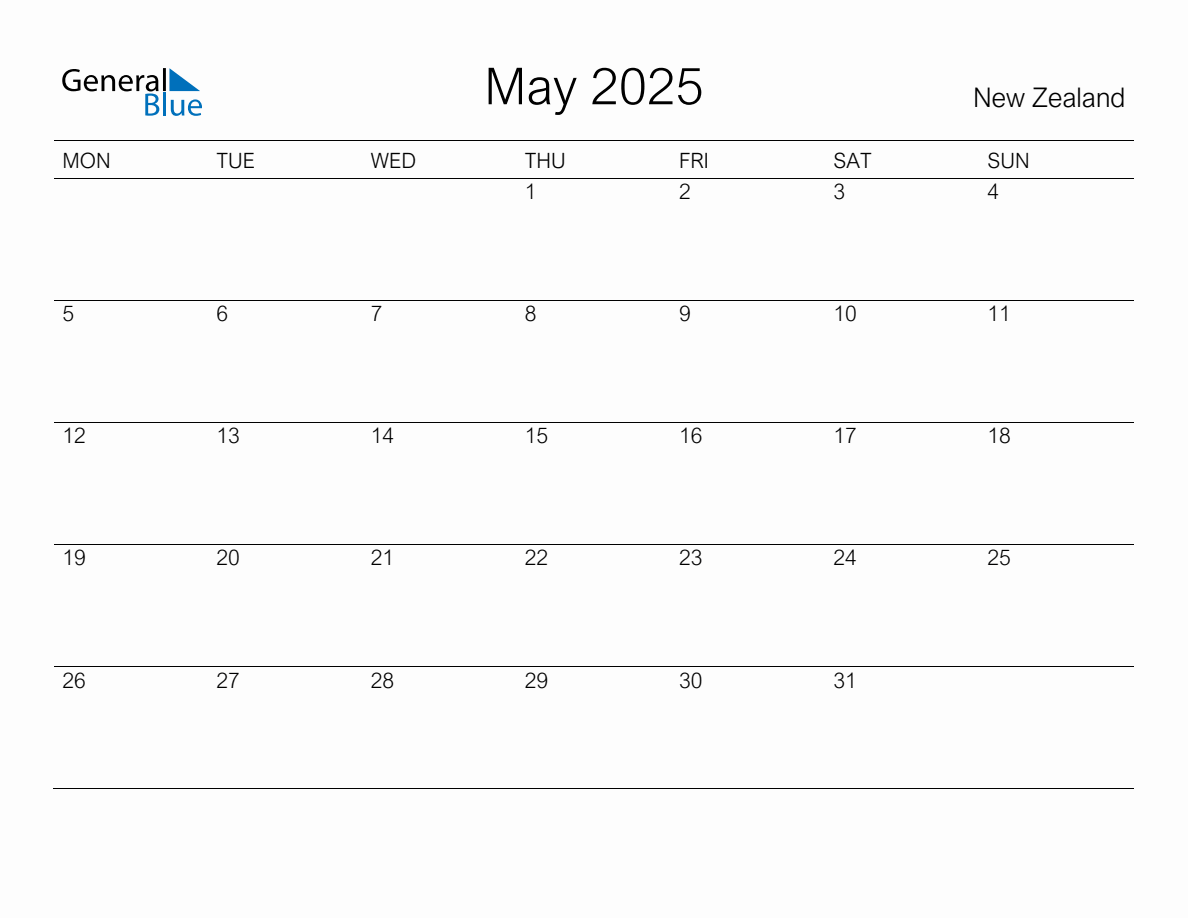 Printable May 2025 Monthly Calendar with Holidays for New Zealand