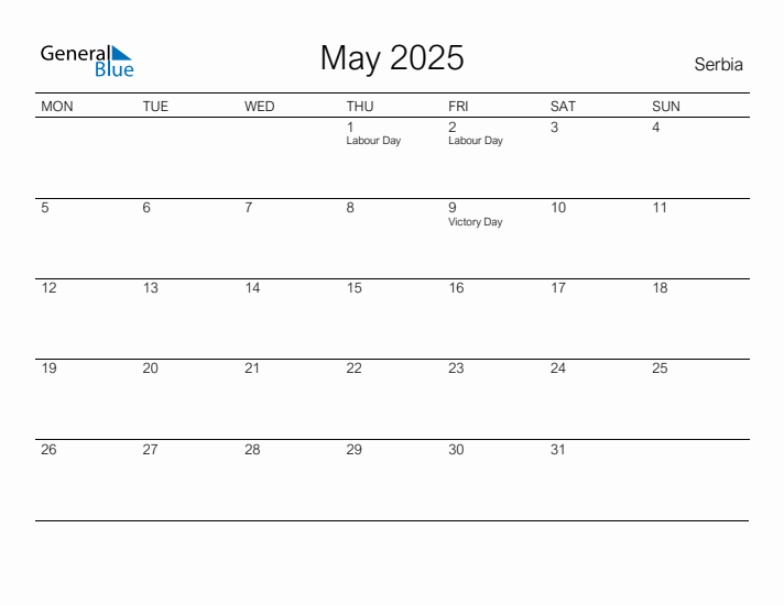 Printable May 2025 Calendar for Serbia
