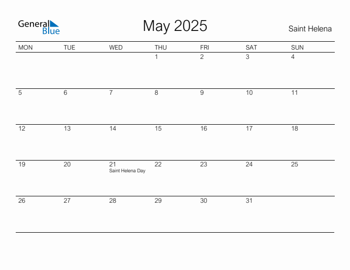 Printable May 2025 Calendar for Saint Helena