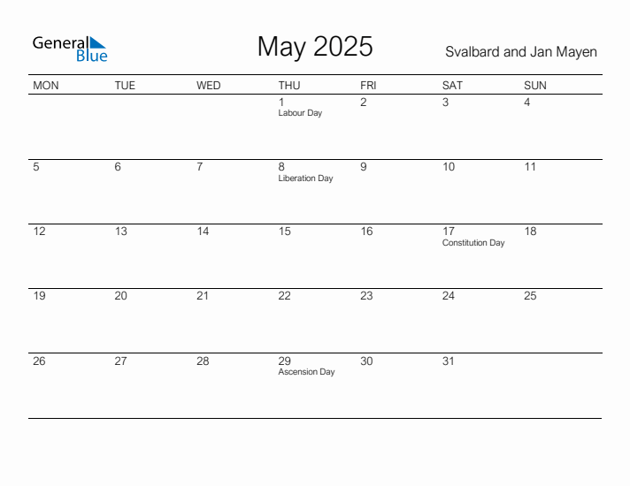 Printable May 2025 Calendar for Svalbard and Jan Mayen