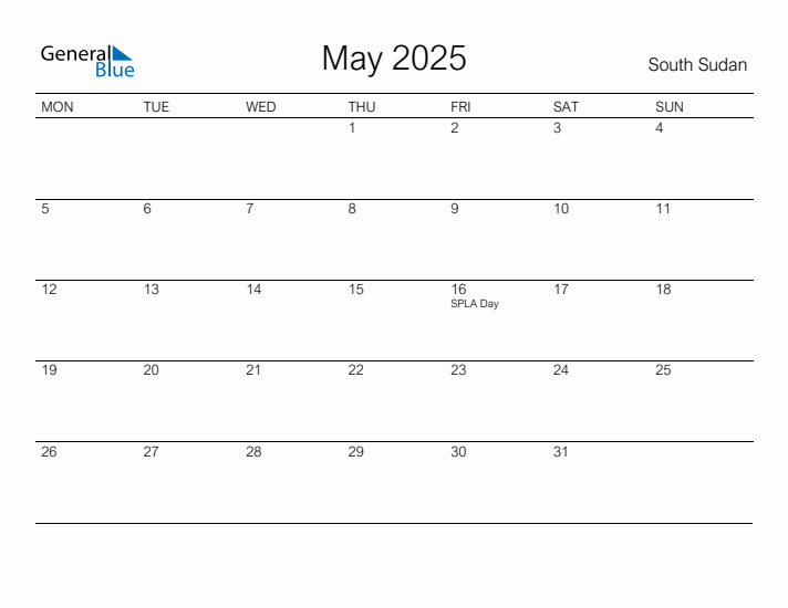 Printable May 2025 Calendar for South Sudan