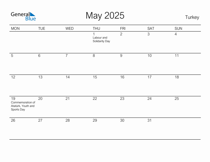 Printable May 2025 Calendar for Turkey