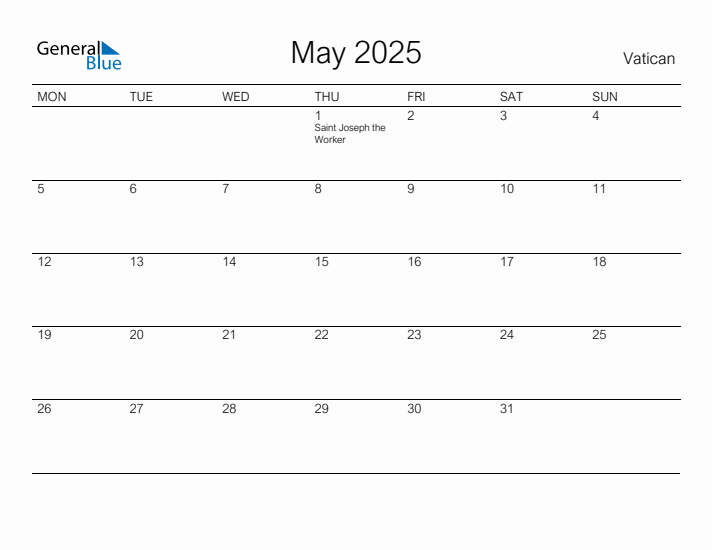 Printable May 2025 Calendar for Vatican