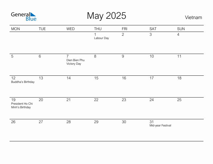 Printable May 2025 Calendar for Vietnam