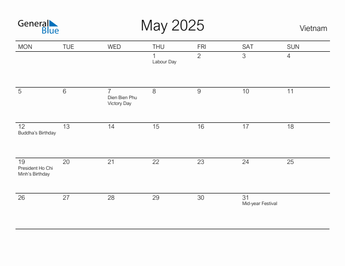 May 2025 Vietnam Monthly Calendar with Holidays