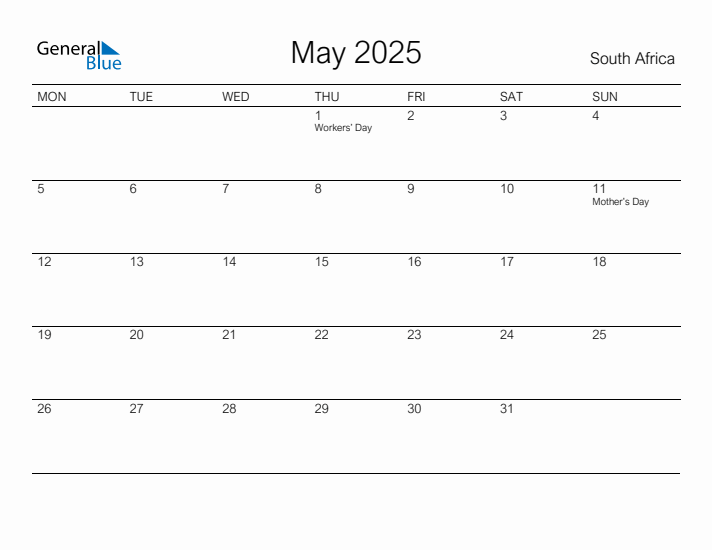 Printable May 2025 Calendar for South Africa