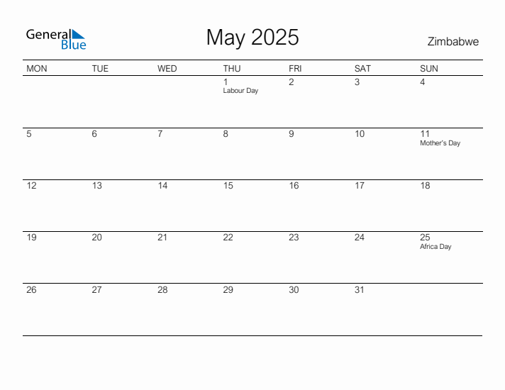 Printable May 2025 Calendar for Zimbabwe