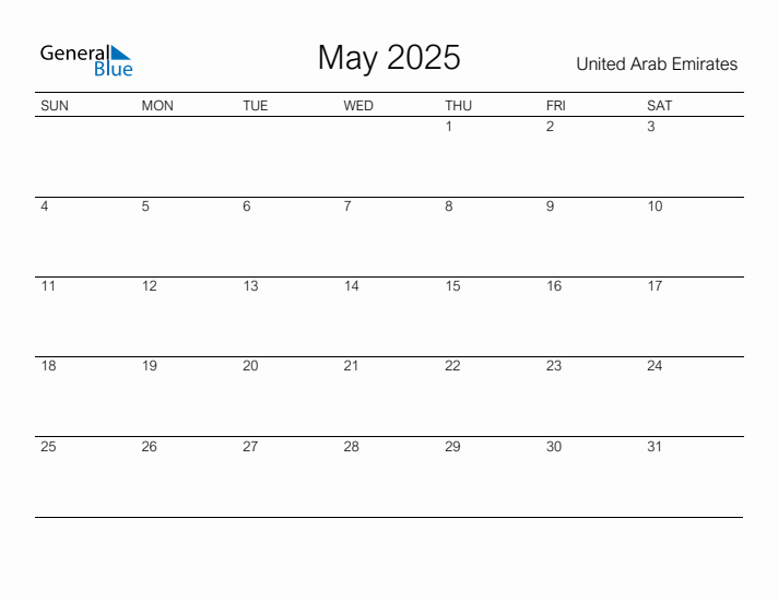 Printable May 2025 Calendar for United Arab Emirates