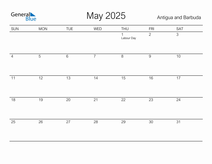 Printable May 2025 Calendar for Antigua and Barbuda
