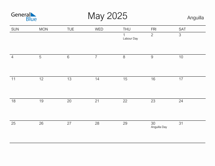 Printable May 2025 Calendar for Anguilla