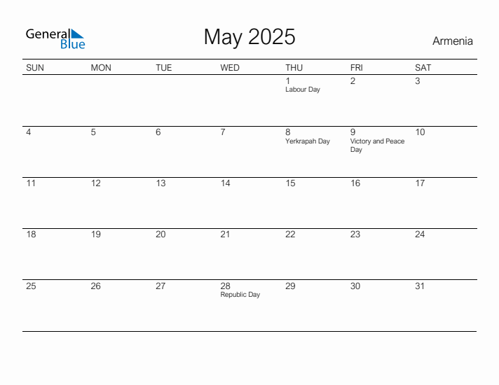Printable May 2025 Calendar for Armenia