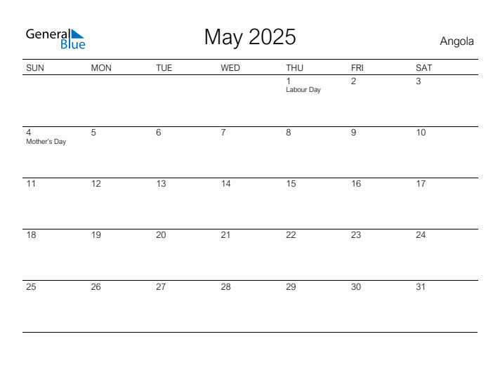 Printable May 2025 Calendar for Angola
