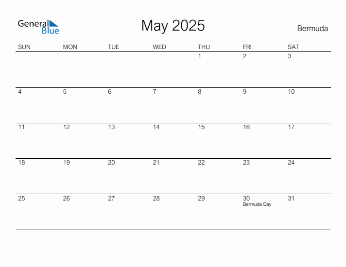 Printable May 2025 Calendar for Bermuda