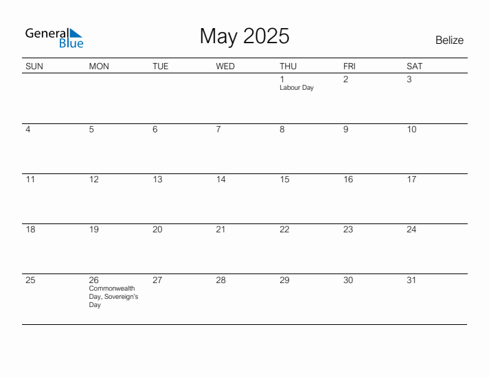 Printable May 2025 Monthly Calendar with Holidays for Belize