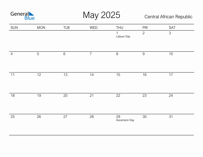 Printable May 2025 Calendar for Central African Republic