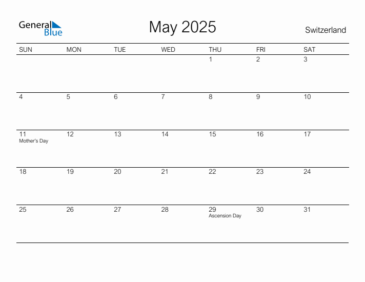 May 2025 Monthly Calendar with Switzerland Holidays