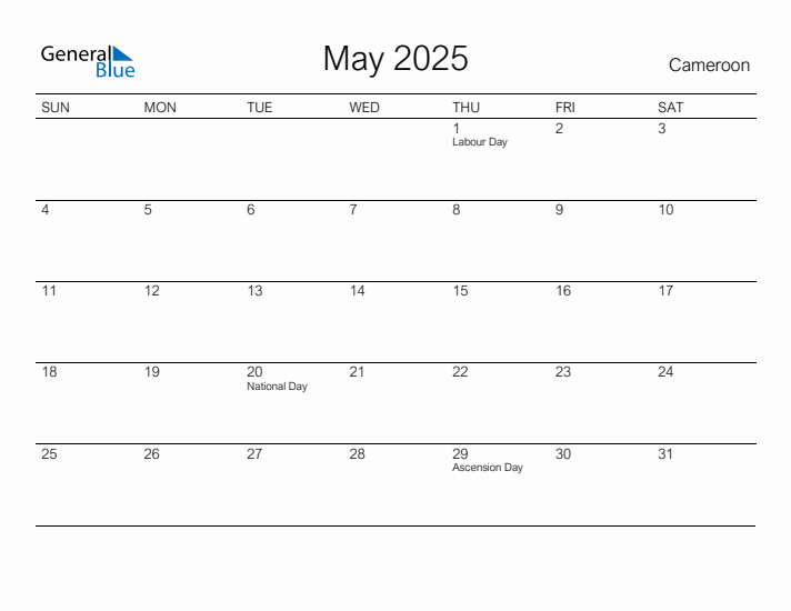 Printable May 2025 Calendar for Cameroon