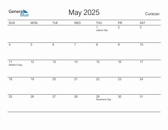 Printable May 2025 Calendar for Curacao