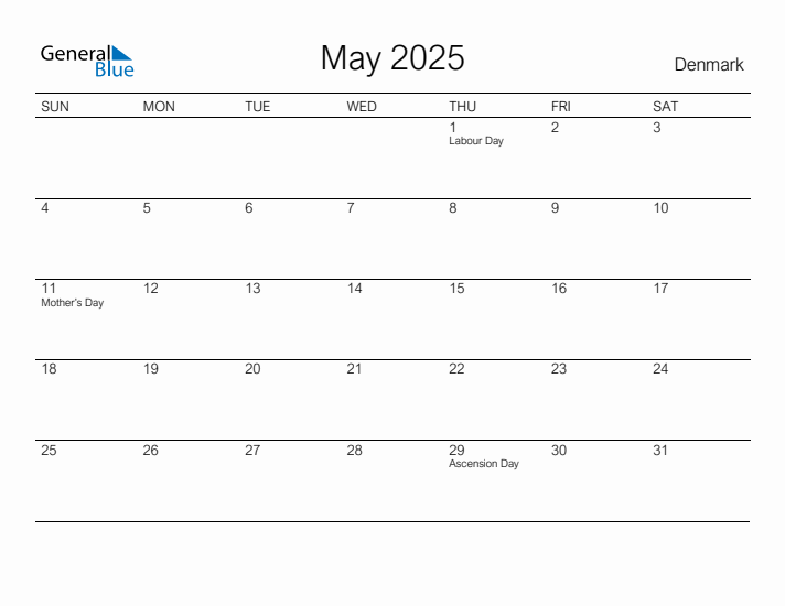 May 2025 Monthly Calendar with Denmark Holidays