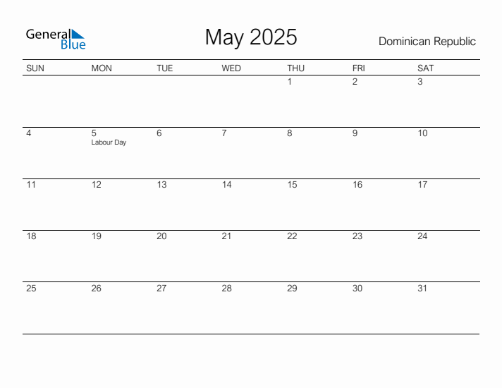 Printable May 2025 Calendar for Dominican Republic