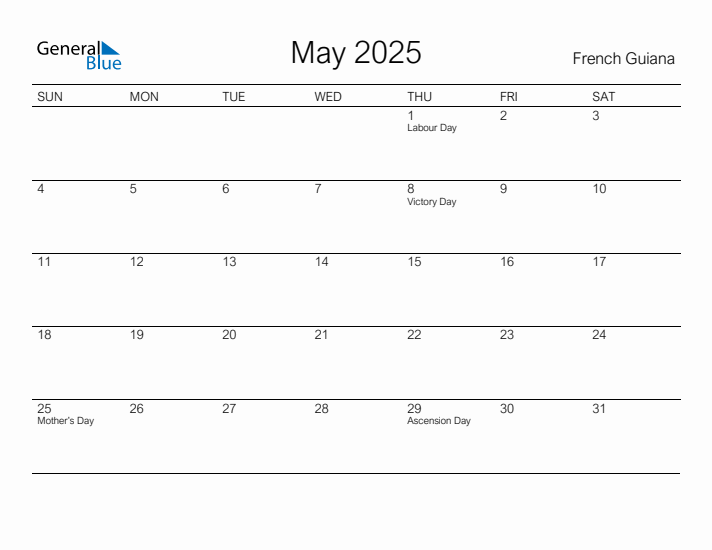 Printable May 2025 Calendar for French Guiana
