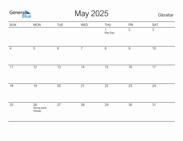 Printable May 2025 Calendar for Gibraltar