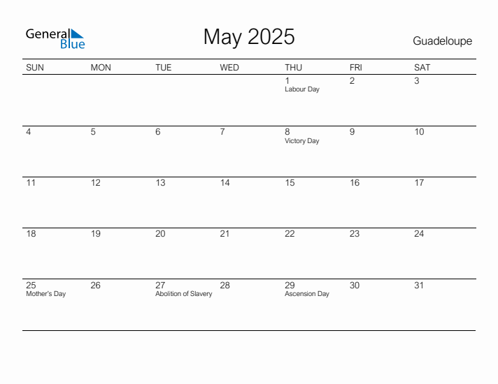 Printable May 2025 Calendar for Guadeloupe