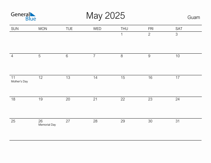 Printable May 2025 Calendar for Guam