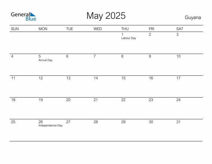 Printable May 2025 Calendar for Guyana