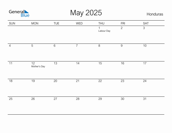 Printable May 2025 Calendar for Honduras