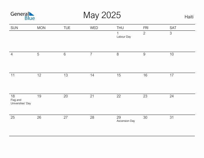 Printable May 2025 Calendar for Haiti