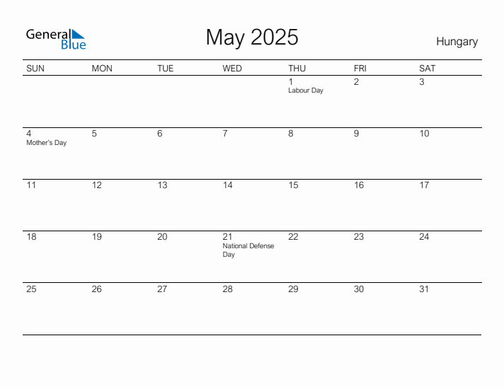 Printable May 2025 Calendar for Hungary