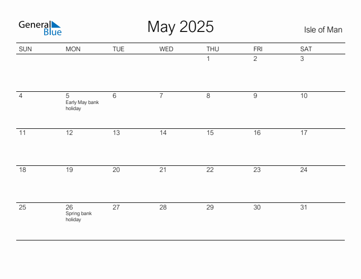 Printable May 2025 Calendar for Isle of Man