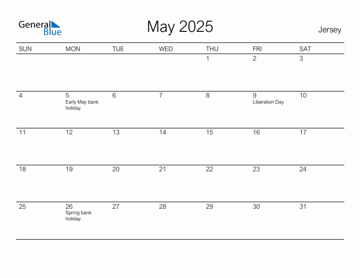 Printable May 2025 Calendar for Jersey