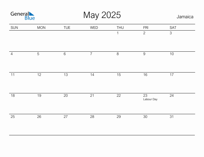 Printable May 2025 Calendar for Jamaica